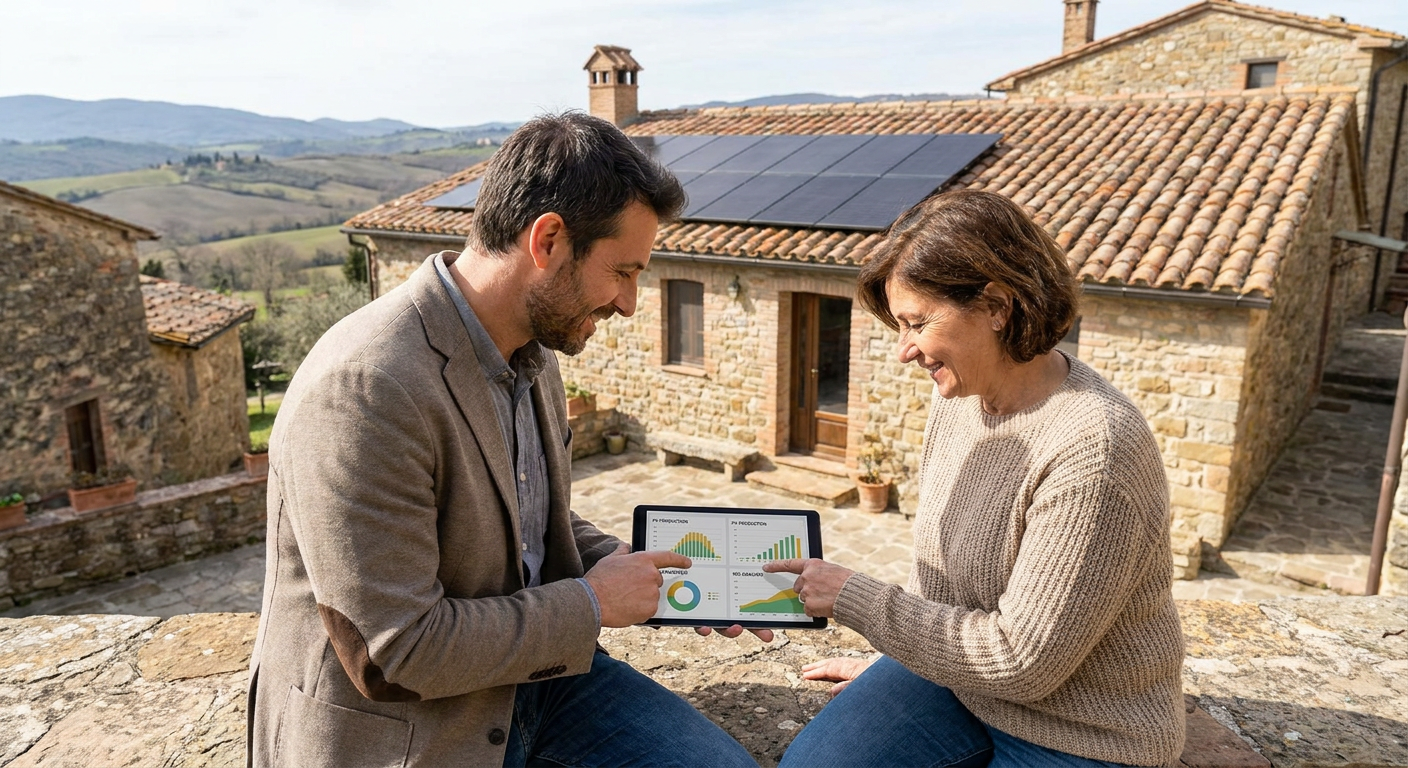 Conseiller solaire présentant un comparatif de production et de rentabilité à une cliente devant une maison équipée de panneaux photovoltaïques